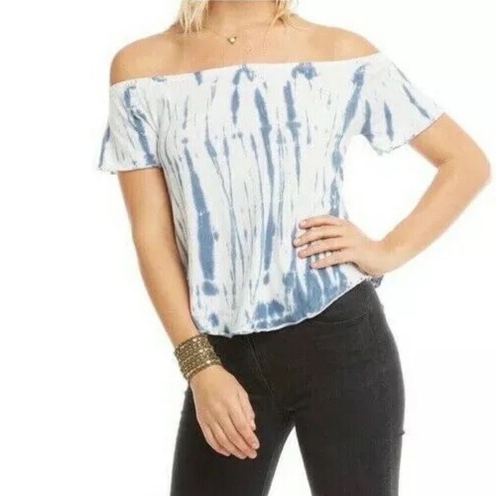 CHASER Tie Dye Top Women’s Size MEDIUM Blue White Short Sleeve Off The Shoulder